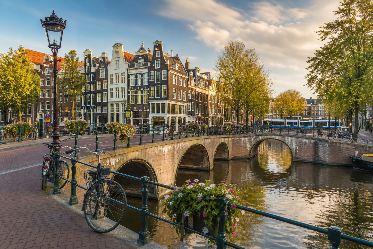 Amsterdam canal bridge and historic houses