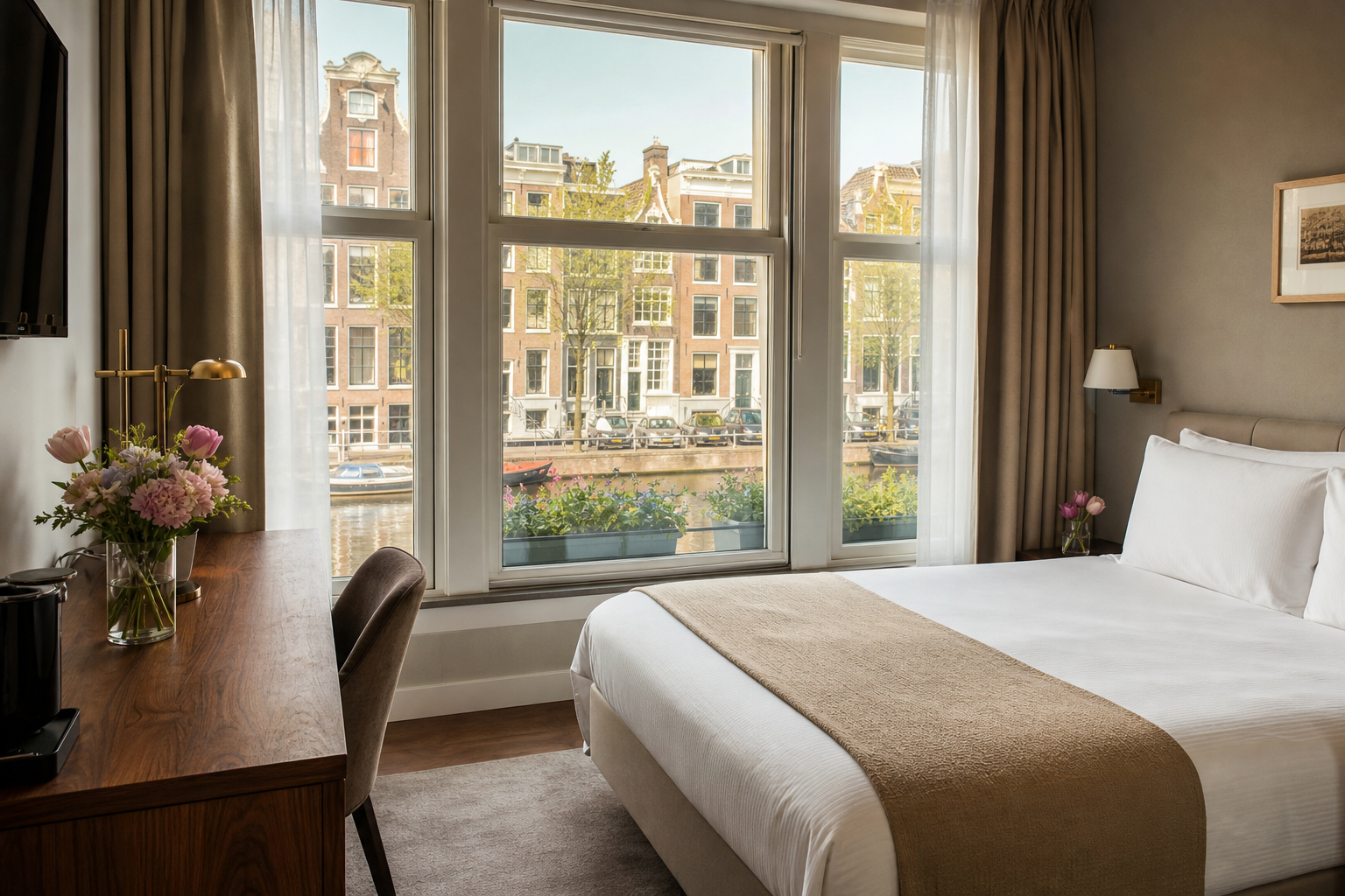 A calm private apartment room with a canal-facing window